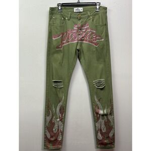 Politics Jeans Mens 32 Green Distressed Rhinestone Flames Spell Out Streetwear